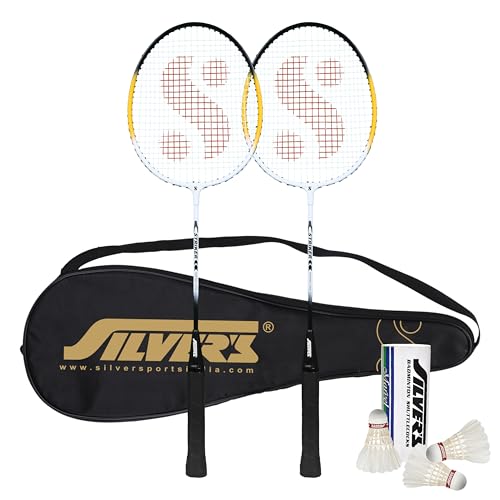 Silvers Silver's Aluminium Stricker Badminton Kit (2 Racquets with Full Cover, 1 Box Feather Shuttlecock Pack of 3)(Yellow/White) - Image 1