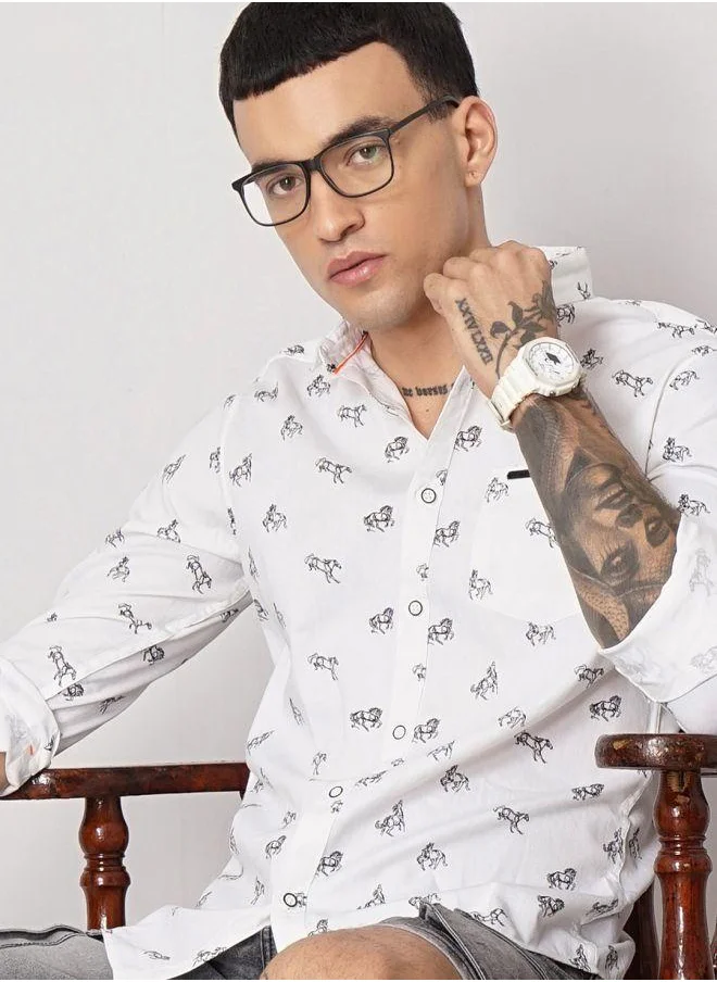 The Indian Garage Co Men Slim Fit Graphic Print Full Sleeves Spread Collar Casual Shirt