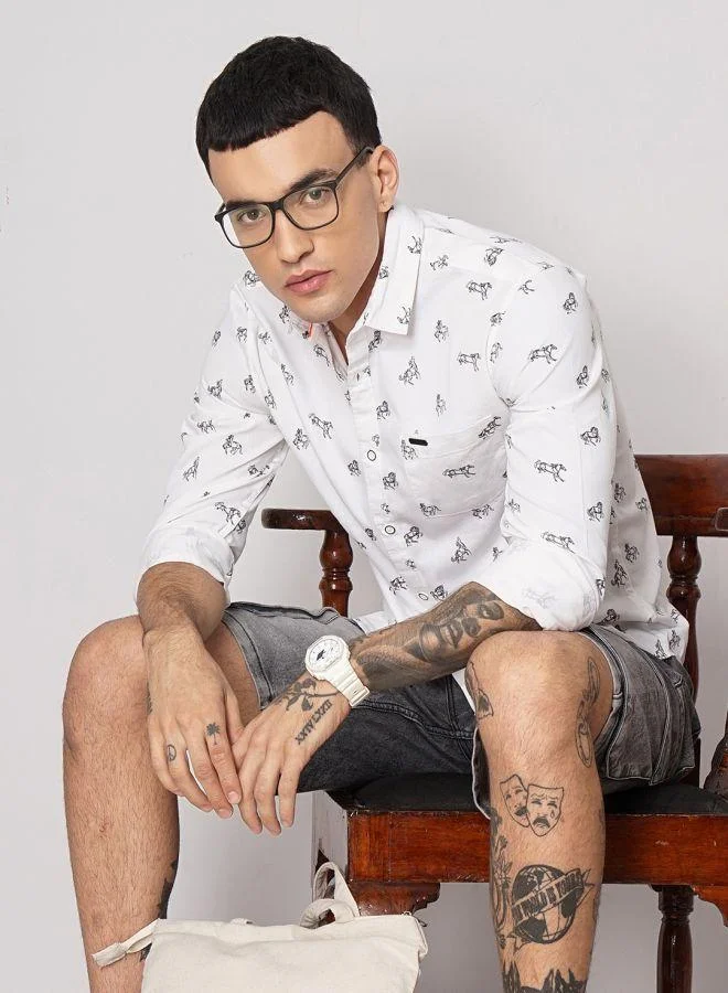 The Indian Garage Co Men Slim Fit Graphic Print Full Sleeves Spread Collar Casual Shirt