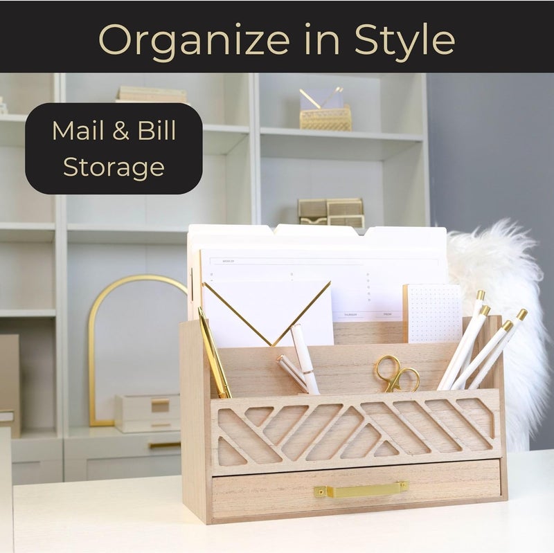 Blu Monaco منظم بريد خشبي مع درج ومقبض ذهبي - Image 2