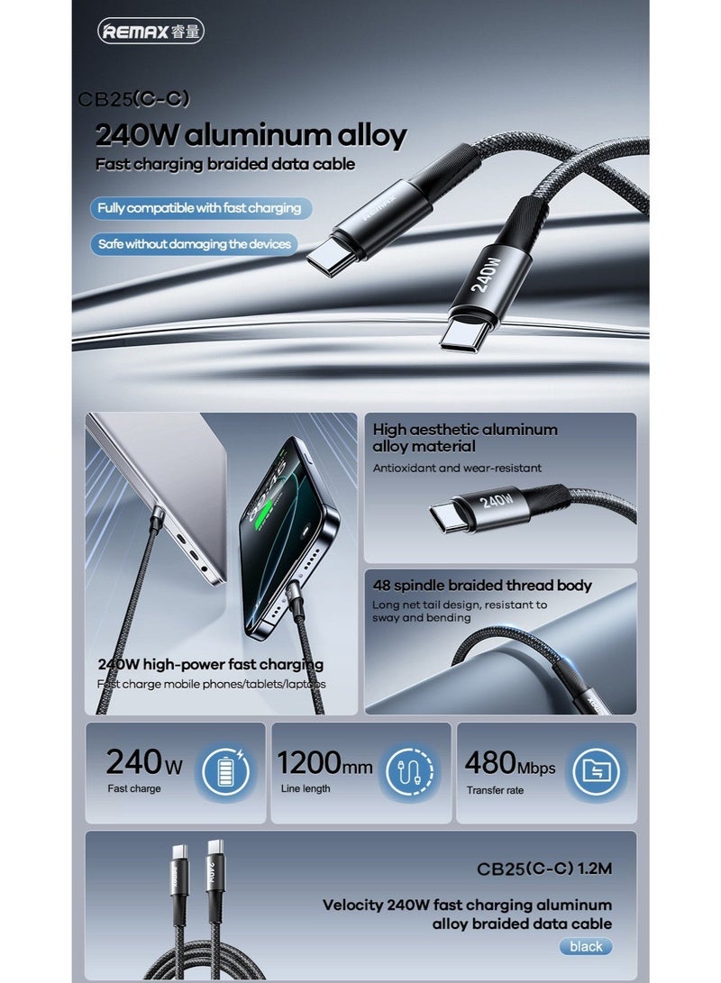 REMAX 240W USB C to C Fast Charging Cable 1.2M, Aluminum Alloy Braided PD 3.1 Cable, 480MB/s Data Transfer for Laptop Phone Tablet - Image 3