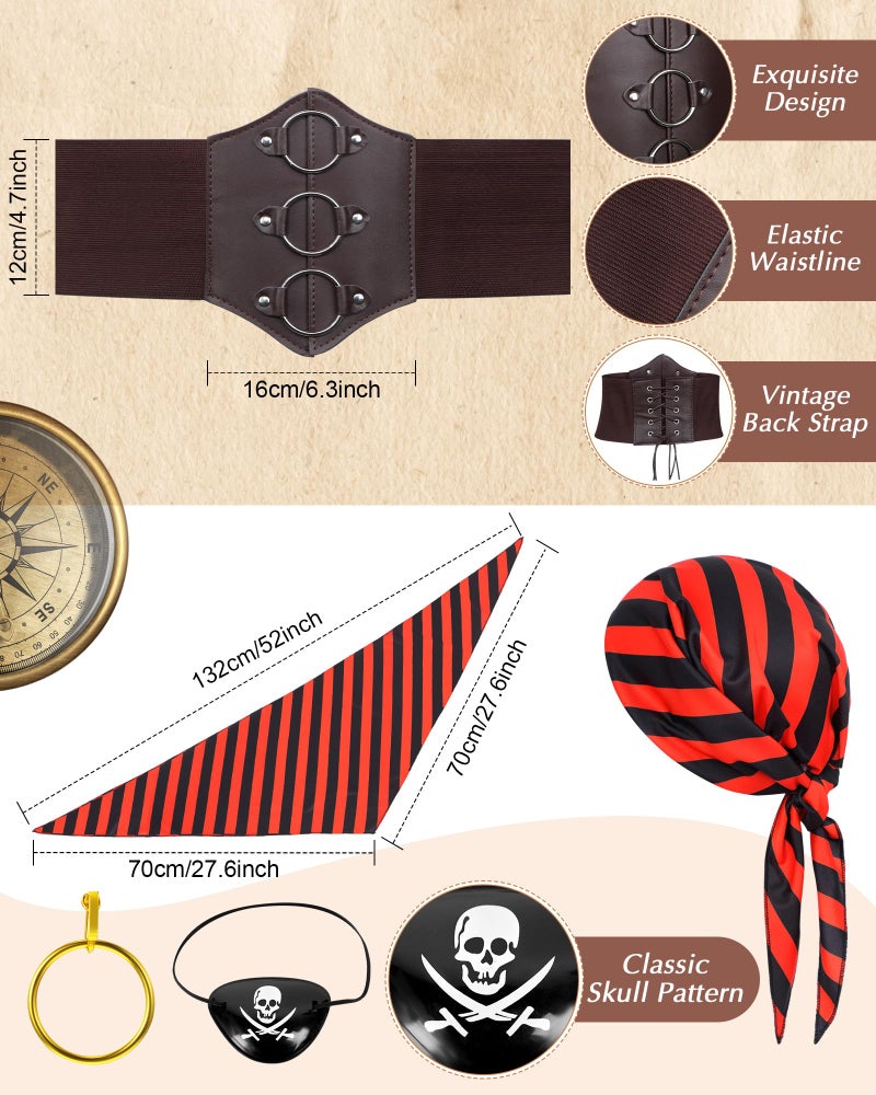 Silicherry 6 Pcs Womens Pirate Costume Cosplay Renaissance Blouse Tops Corset Waist Belt Pirate Skirt Stripes Headscarf Set (Black,L), Large - Image 2