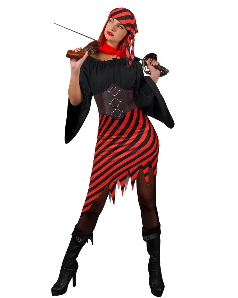 Silicherry 6 Pcs Womens Pirate Costume Cosplay Renaissance Blouse Tops Corset Waist Belt Pirate Skirt Stripes Headscarf Set (Black,L), Large - Image 5