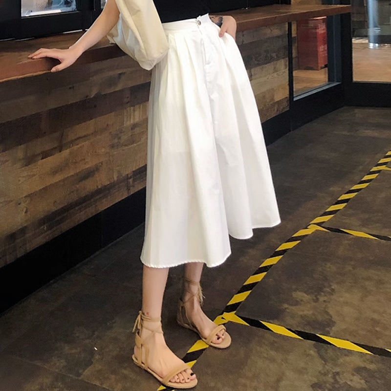 White Skirt Women'S Small Pleated Skirt High Waist Slimming Mid-Length Umbrella Skirt A- Line Skirt Student Skirt Long Skirt - Image 4