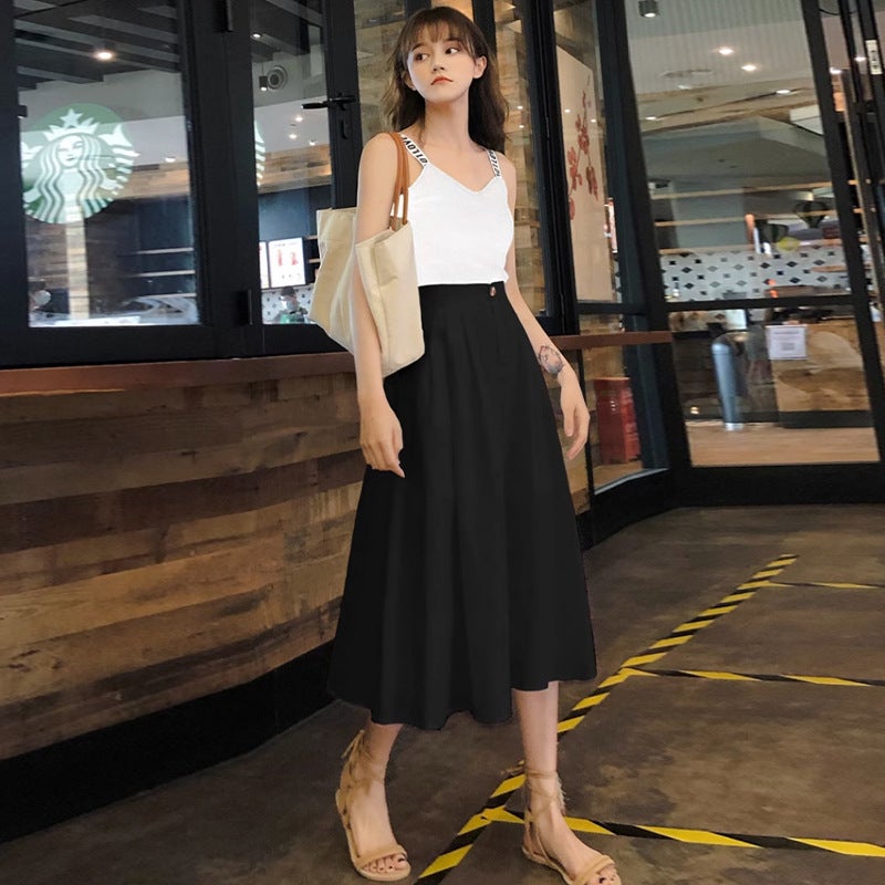 White Skirt Women'S Small Pleated Skirt High Waist Slimming Mid-Length Umbrella Skirt A- Line Skirt Student Skirt Long Skirt - Image 5