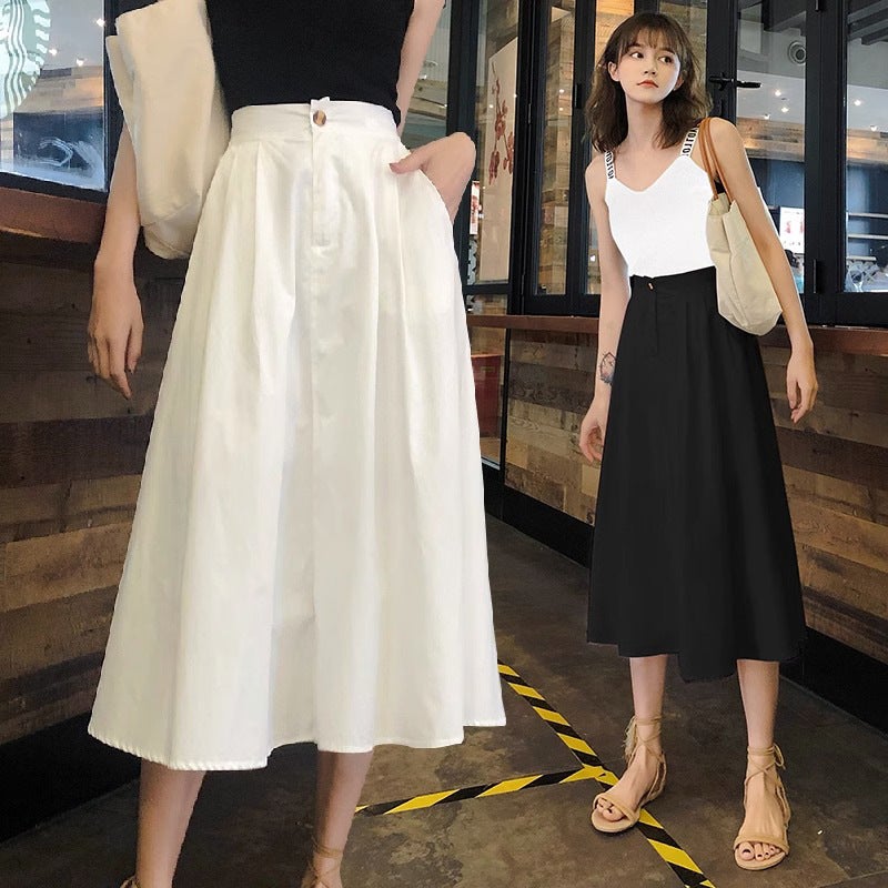 White Skirt Women'S Small Pleated Skirt High Waist Slimming Mid-Length Umbrella Skirt A- Line Skirt Student Skirt Long Skirt - Image 2