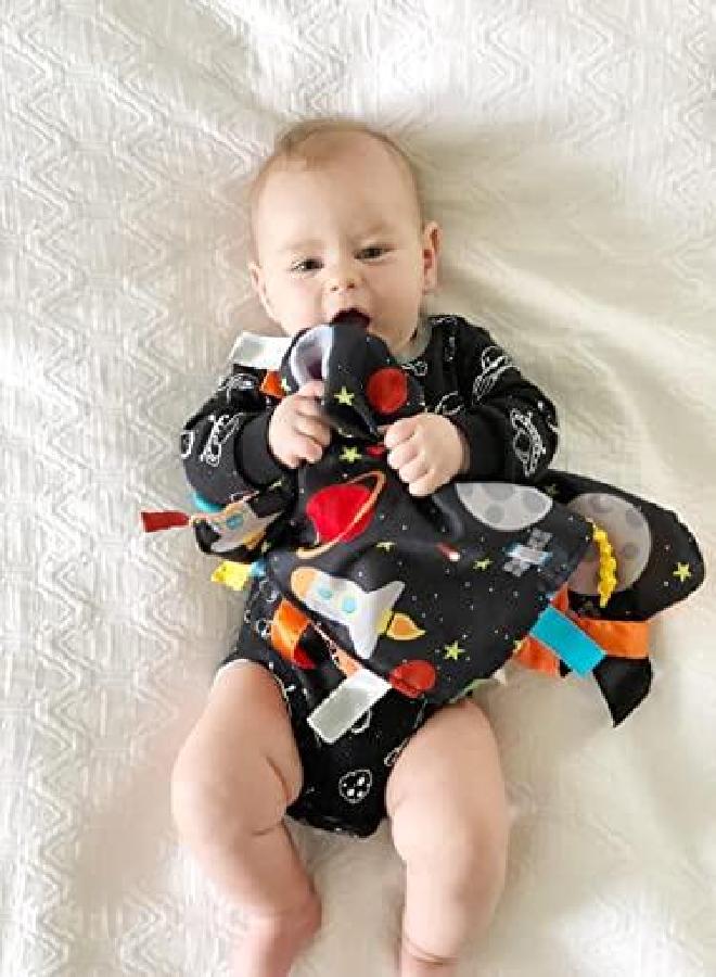 The Learning Lovey Baby Sensory, Security & Teething Closed Ribbon Tag Lovey Blanket with Minky Dot Fabric: 14X18 (Outer Space) - Image 3