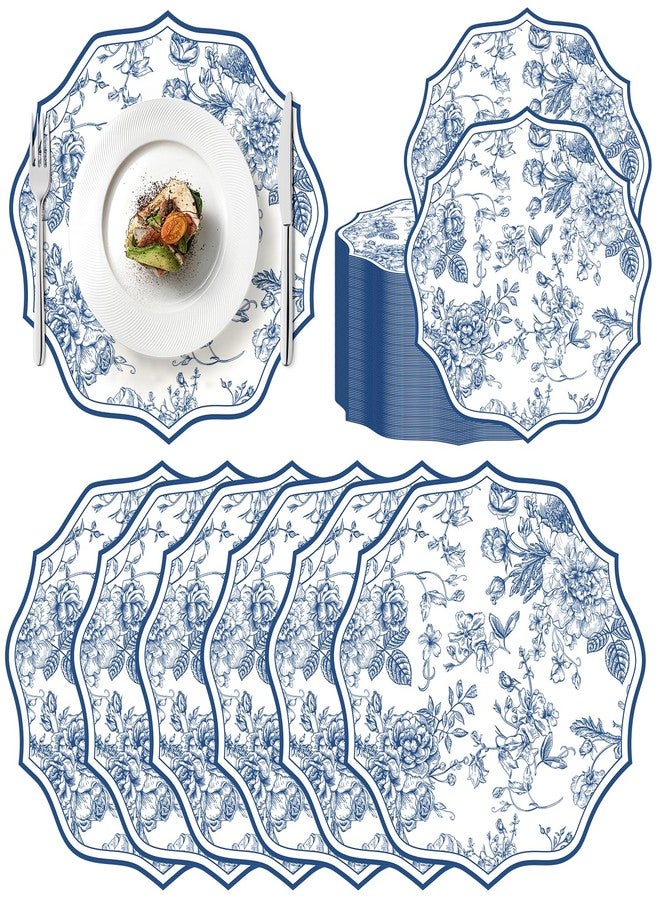 Stuffygreenus 100 Pcs Blue Floral Paper Placemats 13 Inch Scalloped Chinoiserie Paper Placemats Disposable Floral Placemat Flower Table Mats for Dinner Table Setting Birthday Wedding Bridal Shower Party Decor - Image 1