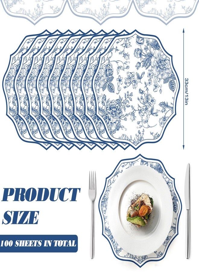 Stuffygreenus 100 Pcs Blue Floral Paper Placemats 13 Inch Scalloped Chinoiserie Paper Placemats Disposable Floral Placemat Flower Table Mats for Dinner Table Setting Birthday Wedding Bridal Shower Party Decor - Image 2