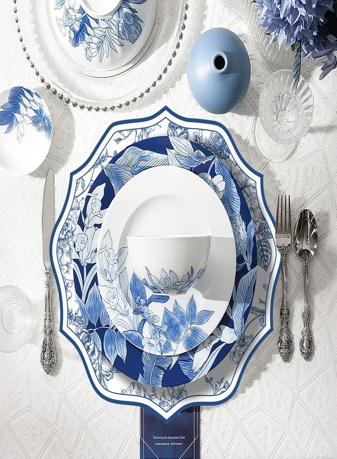 Stuffygreenus 100 Pcs Blue Floral Paper Placemats 13 Inch Scalloped Chinoiserie Paper Placemats Disposable Floral Placemat Flower Table Mats for Dinner Table Setting Birthday Wedding Bridal Shower Party Decor - Image 3