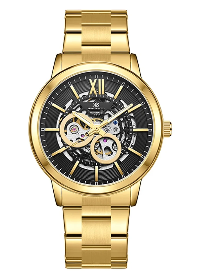 KENNETH SCOTT Kenneth Scott K24324-GBGB Men's Automatic  Display Watch & Stainless Steel Strap Gold