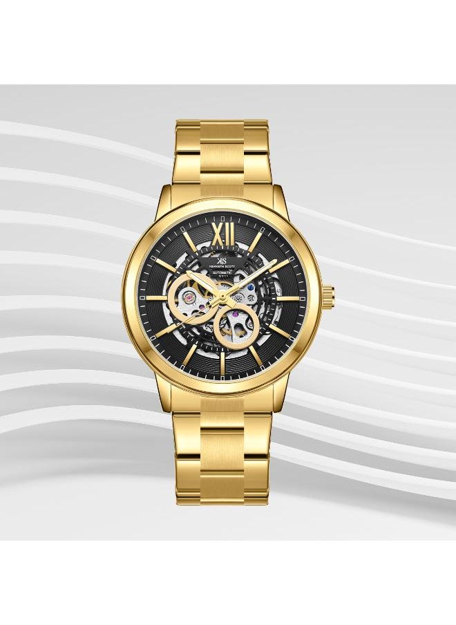 KENNETH SCOTT Kenneth Scott K24324-GBGB Men's Automatic  Display Watch & Stainless Steel Strap Gold  - Image 3