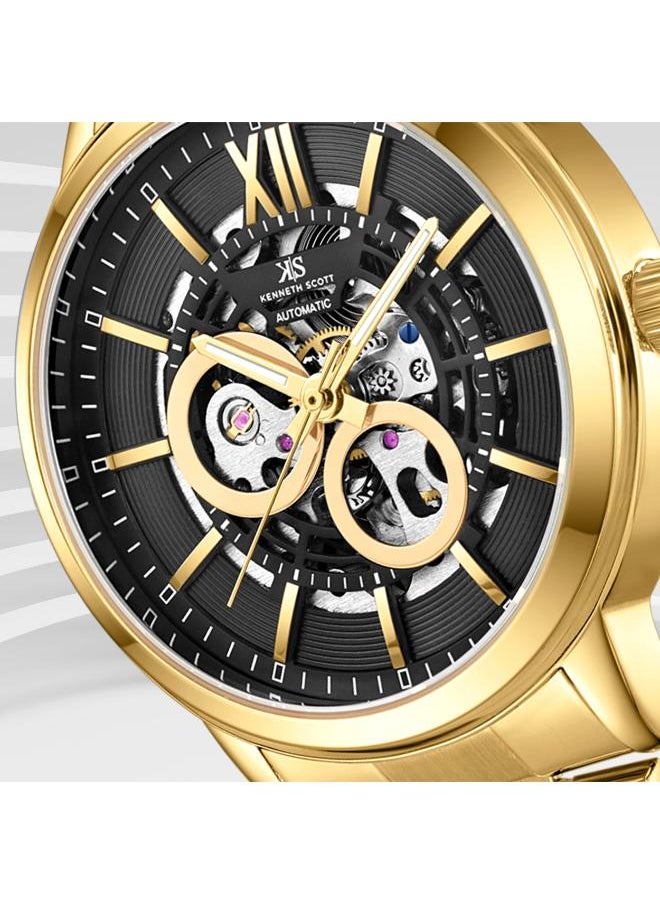 KENNETH SCOTT Kenneth Scott K24324-GBGB Men's Automatic  Display Watch & Stainless Steel Strap Gold  - Image 4