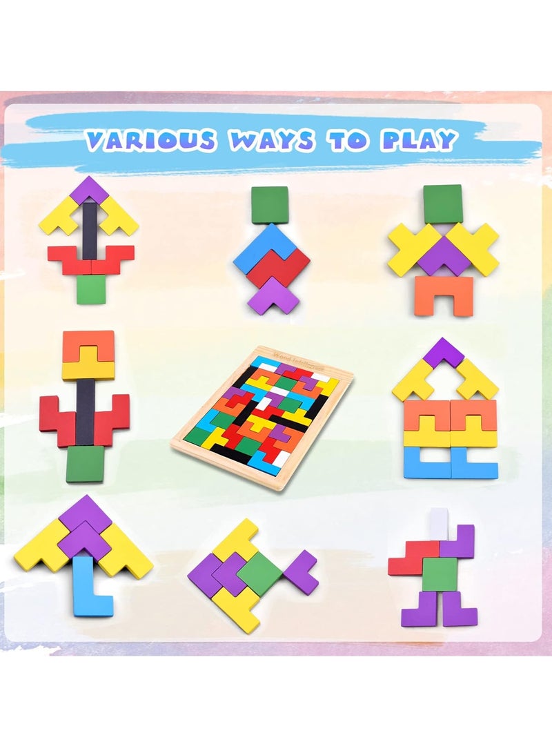 Kids Wooden Jigsaw Puzzles for Ages 4-10 Thick Colorful 3D Russian Building Blocks and Brain Teaser Tangram Puzzles STEM Intelligence Toys Early Childhood Educational Gifts for Boys Girls Ages 3+ - Image 2