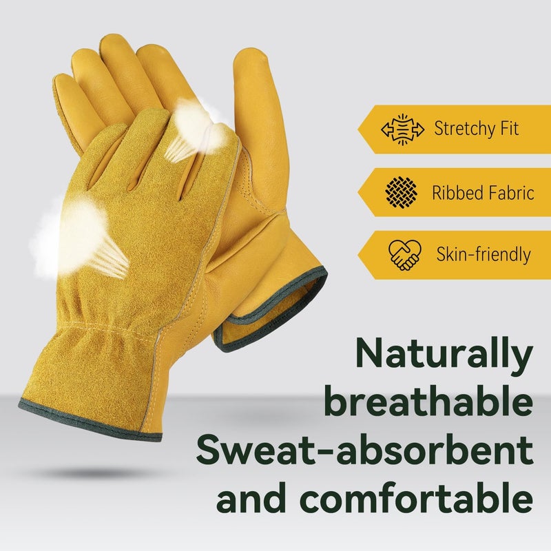 OZERO Professional Cowhide Leather Work Gloves - Durable & Puncture Resistant for Construction, Carpentry, Garden, Yard Working, Heavy Duty - Breathable & Dustproof for Hot Climate (Yellow, L) - Image 4