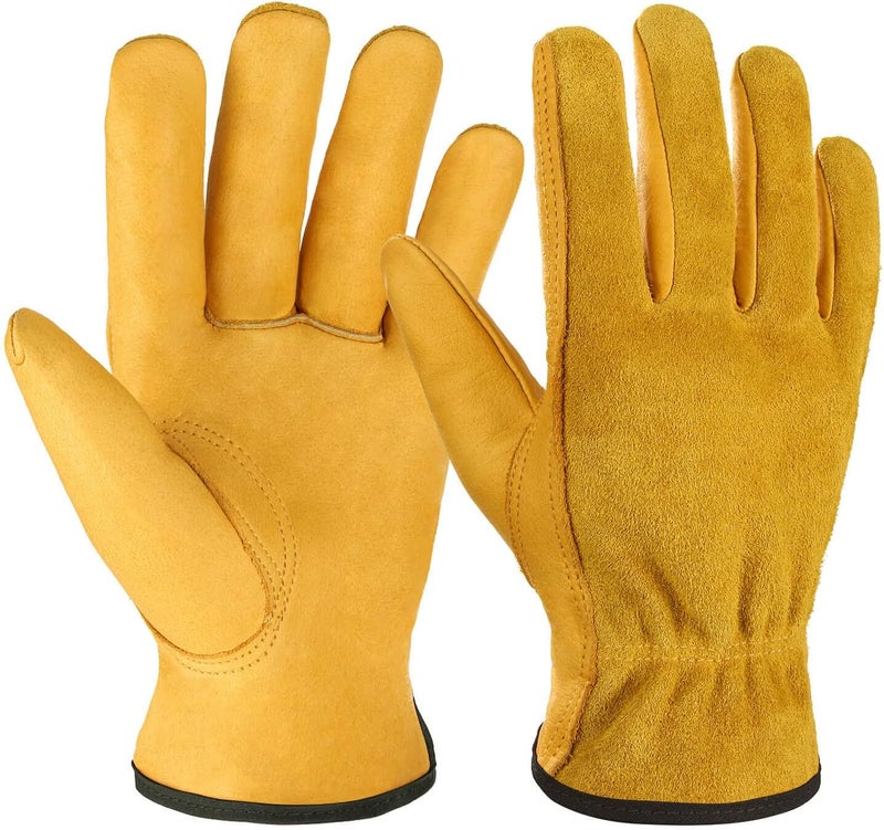 OZERO Professional Cowhide Leather Work Gloves - Durable & Puncture Resistant for Construction, Carpentry, Garden, Yard Working, Heavy Duty - Breathable & Dustproof for Hot Climate (Yellow, L) - Image 1