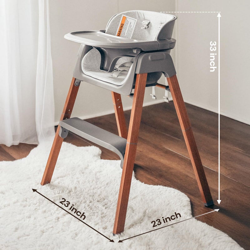 Fodoss Baby High Chair, Light Gray, 4-in-1 Foldable Design, Sturdy Metal Square Tube with Wood Grain, Removable Dishwasher Safe Tray, 5-Point Harness, Waterproof Cushion - Image 5