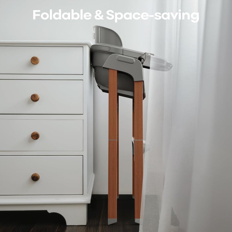 Fodoss Baby High Chair, Light Gray, 4-in-1 Foldable Design, Sturdy Metal Square Tube with Wood Grain, Removable Dishwasher Safe Tray, 5-Point Harness, Waterproof Cushion - Image 4