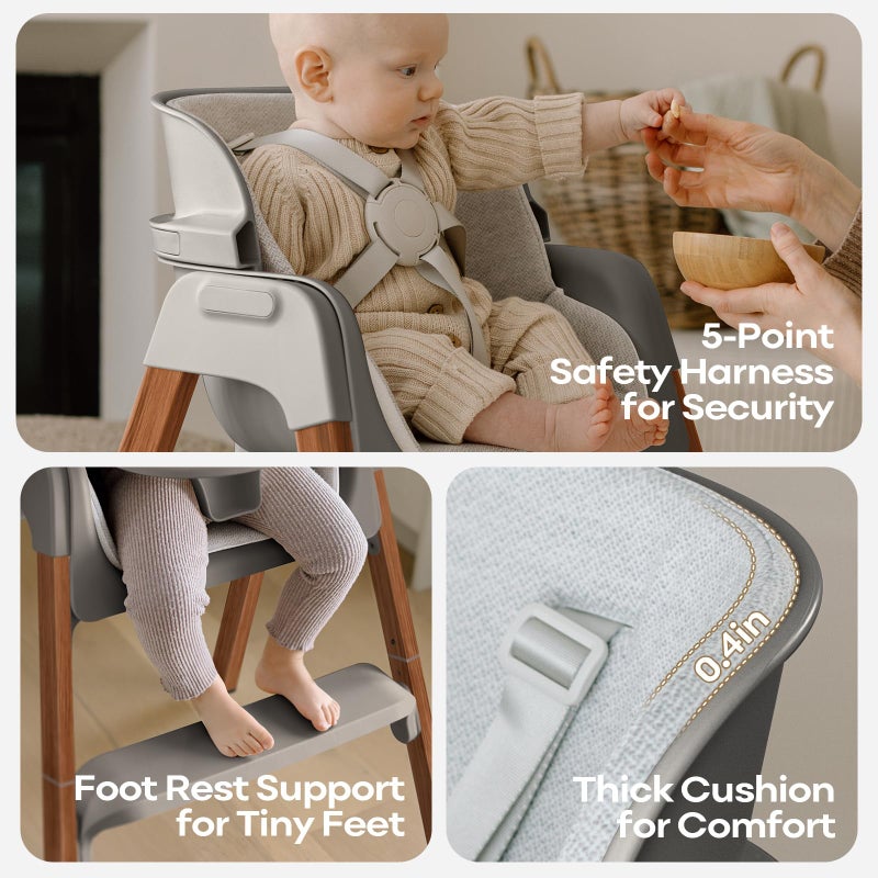 Fodoss Baby High Chair, Light Gray, 4-in-1 Foldable Design, Sturdy Metal Square Tube with Wood Grain, Removable Dishwasher Safe Tray, 5-Point Harness, Waterproof Cushion - Image 2