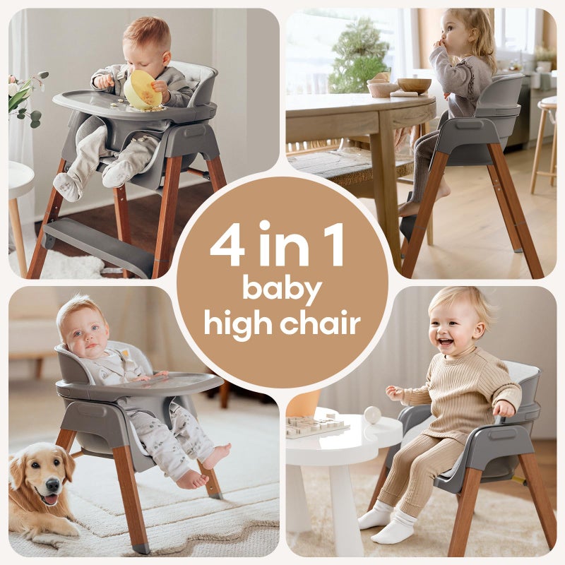 Fodoss Baby High Chair, Light Gray, 4-in-1 Foldable Design, Sturdy Metal Square Tube with Wood Grain, Removable Dishwasher Safe Tray, 5-Point Harness, Waterproof Cushion - Image 3