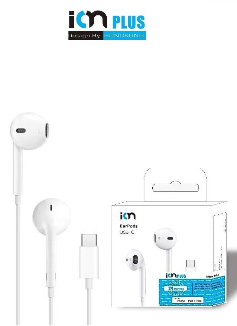 ION - 1M long Type-C wired headset, clear and powerful sound, equipped with a built-in high-precision microphone during calls, and volume buttons. - Image 1