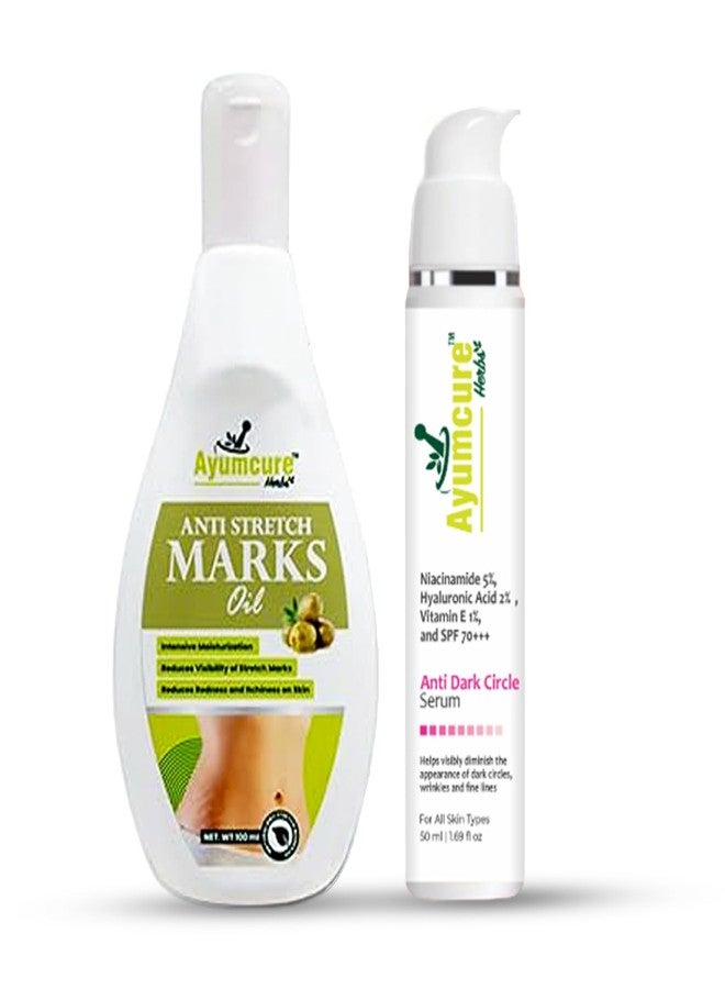 Ayumcure Stretch Mark Oil (100ml) & Anti Dark Circle Serum (50ml) Combo | Skin Nourishment for Body & Eyes | For Pregnancy, Fine Lines, Dark Circles & Hydration | For Men & Women - Image 1
