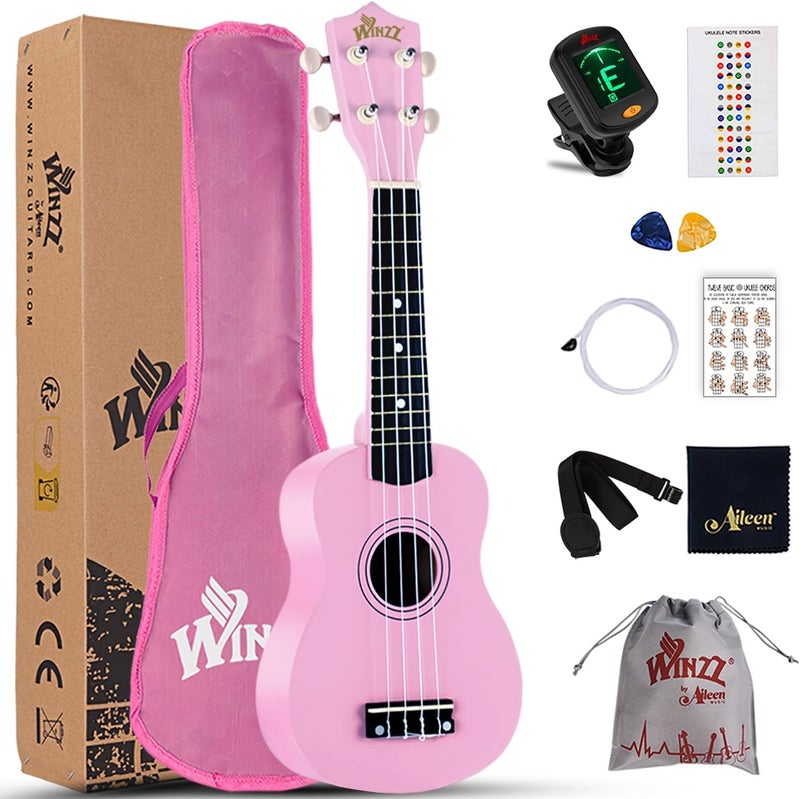وينز مجموعة Soprano Ukulele للمبتدئين مع حقيبة، موالف قابل للتثبيت، أوتار إضافية، حزام، معول، ملصقات الحنق، بطاقة الأوتار، قطعة تلميع، وردي - Image 1