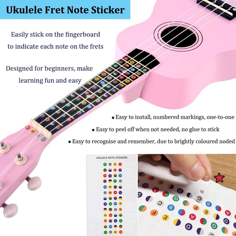وينز مجموعة Soprano Ukulele للمبتدئين مع حقيبة، موالف قابل للتثبيت، أوتار إضافية، حزام، معول، ملصقات الحنق، بطاقة الأوتار، قطعة تلميع، وردي - Image 4