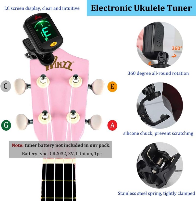 وينز مجموعة Soprano Ukulele للمبتدئين مع حقيبة، موالف قابل للتثبيت، أوتار إضافية، حزام، معول، ملصقات الحنق، بطاقة الأوتار، قطعة تلميع، وردي - Image 3