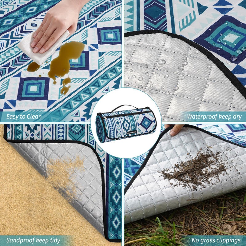 WICKERLAND Picnic Blankets Extra Large Outdoor - Beach Blanket Waterproof Sandproof with Shoulder Strap, Machine Washable, Picnic Mat with Stakes for Grass Concert, Park, Lawn,Travel, Spring Summer. Blue - Image 3