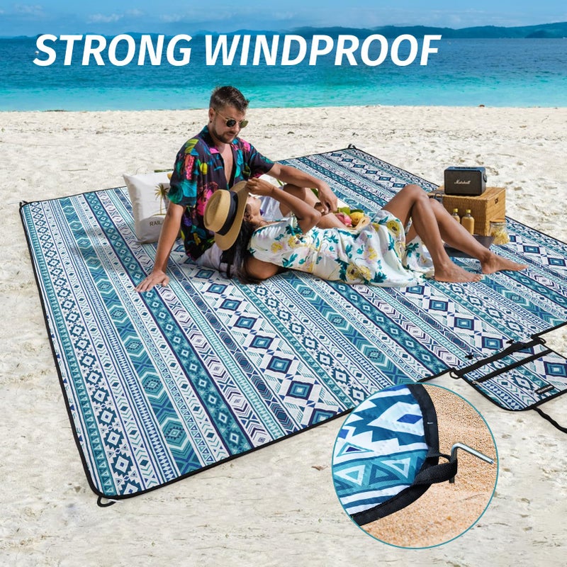WICKERLAND Picnic Blankets Extra Large Outdoor - Beach Blanket Waterproof Sandproof with Shoulder Strap, Machine Washable, Picnic Mat with Stakes for Grass Concert, Park, Lawn,Travel, Spring Summer. Blue - Image 4