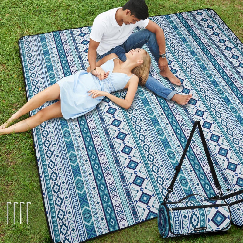 WICKERLAND Picnic Blankets Extra Large Outdoor - Beach Blanket Waterproof Sandproof with Shoulder Strap, Machine Washable, Picnic Mat with Stakes for Grass Concert, Park, Lawn,Travel, Spring Summer. Blue - Image 1