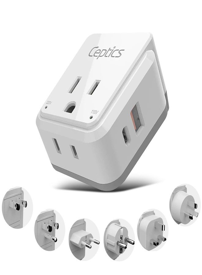 Ceptics World Power Plug Adapter Set, Dual USB & USB-C 3.1A, 20W with QC-PD, 2 USA Outlet Compact & Powerful, Use In Europe, Asia, Australia, Japan, Includes Type A, B, C, E/F, G, I SWadAPt Attachment - Image 1