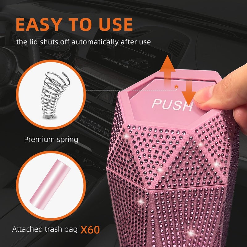 NBTEPEM Bling Car Trash Can with Lid, Bling Car Accessories Trash Bin, Leakproof Auto Garbage Can with 30 Trash Bags, Multipurpose Organizers and Storage for Home, Office (Pink Diamond) - Image 2