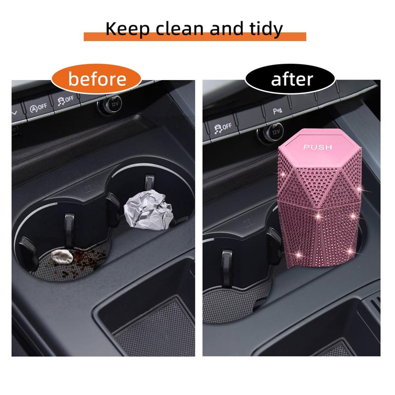 NBTEPEM Bling Car Trash Can with Lid, Bling Car Accessories Trash Bin, Leakproof Auto Garbage Can with 30 Trash Bags, Multipurpose Organizers and Storage for Home, Office (Pink Diamond) - Image 5