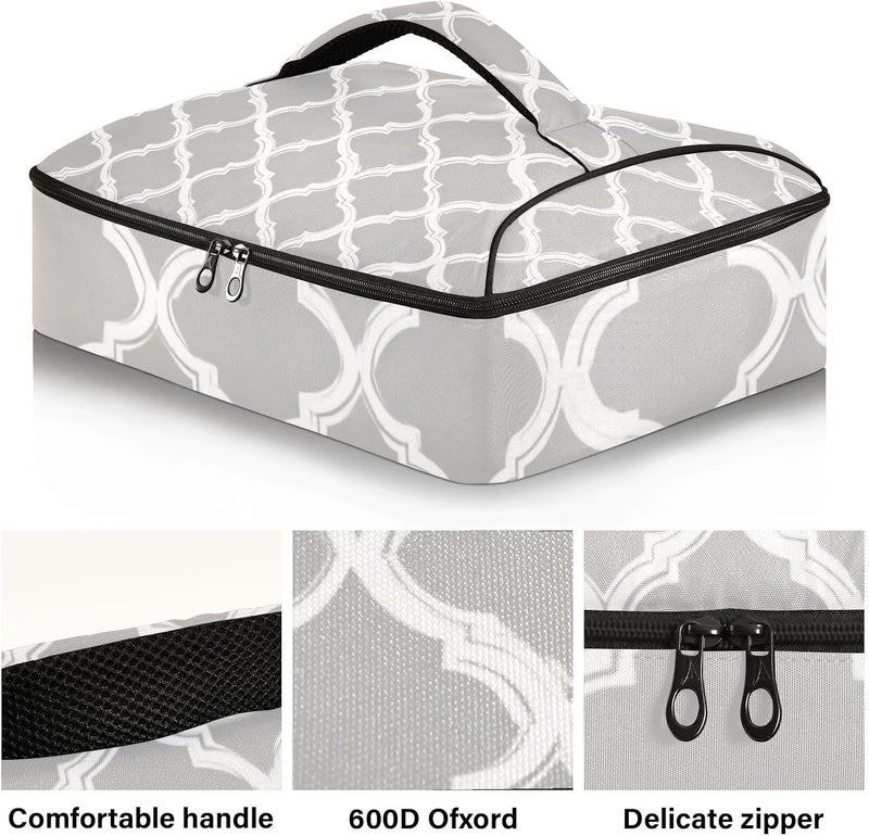 ElliTarr Casserole Carrier Insulated Casserole Dish Carrier Thermal Food Warmer Bag Lasagna Holder Lugger Tote Potluck Containers for Travel Picnic Party Silver Minimalist Quatrefoil - Image 2