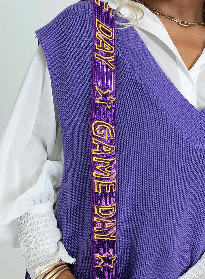 boderier Game Day Purse Straps Replacement Crossbody Bag Strap Beded Sequins Strap for Clear Bag Adjustable Wide Shoulder Strap Football Accessories (Purple Yellow) - Image 2