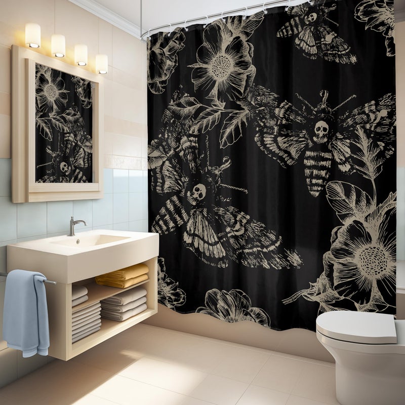LGhtyro Gothic Skull Moth Shower Curtain Bathroom Set 60Wx71H Inches Witchy Scary Black Flower Death Head Botany Leaves Mysterious Butterflys Bath Accessories Men Art Home Decor Fabric 12 Pack Hooks - Image 3
