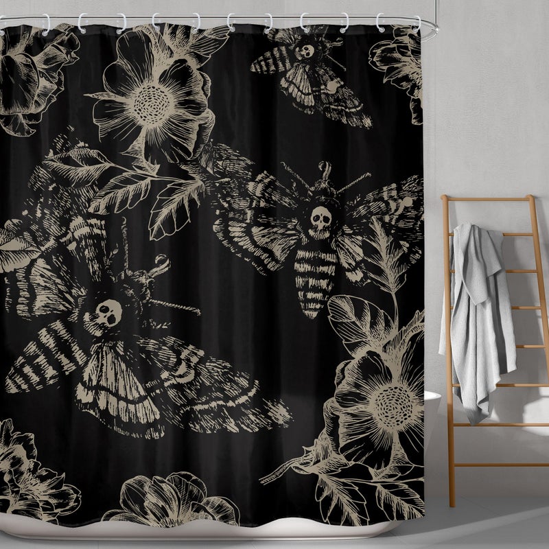 LGhtyro Gothic Skull Moth Shower Curtain Bathroom Set 60Wx71H Inches Witchy Scary Black Flower Death Head Botany Leaves Mysterious Butterflys Bath Accessories Men Art Home Decor Fabric 12 Pack Hooks - Image 1