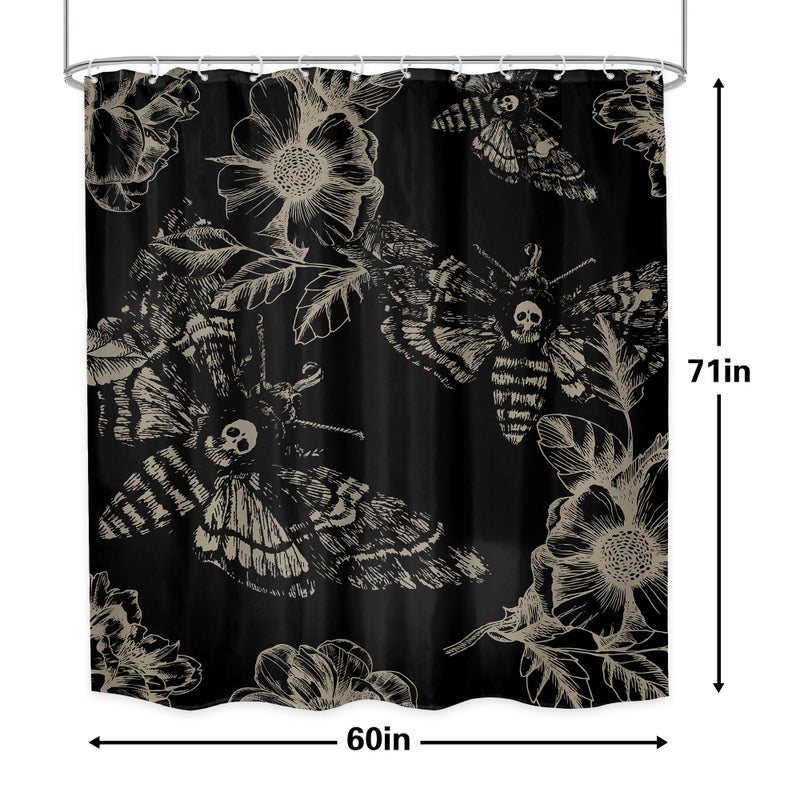 LGhtyro Gothic Skull Moth Shower Curtain Bathroom Set 60Wx71H Inches Witchy Scary Black Flower Death Head Botany Leaves Mysterious Butterflys Bath Accessories Men Art Home Decor Fabric 12 Pack Hooks - Image 4