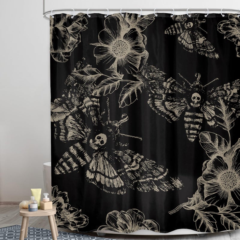 LGhtyro Gothic Skull Moth Shower Curtain Bathroom Set 60Wx71H Inches Witchy Scary Black Flower Death Head Botany Leaves Mysterious Butterflys Bath Accessories Men Art Home Decor Fabric 12 Pack Hooks - Image 2