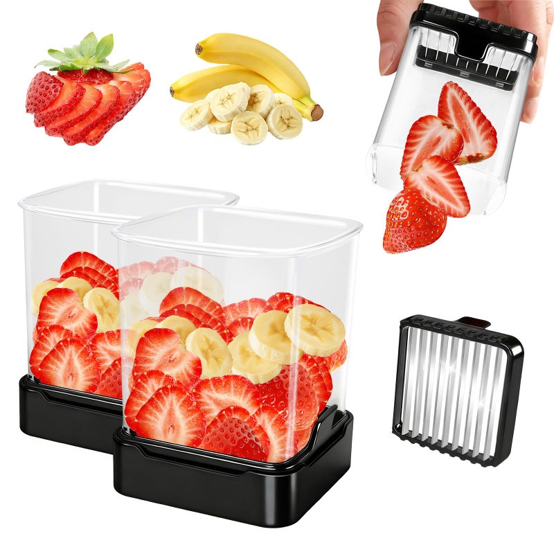 GENGCANG 2 Pack Fruit Slicer Cup for Strawberry, Banana, Hard-Boiled Egg - Detachable Cutter with Push Plate - Rapid & Safe Slicing Kitchen Gadget for Quick Meal Prep (Black) - Image 1
