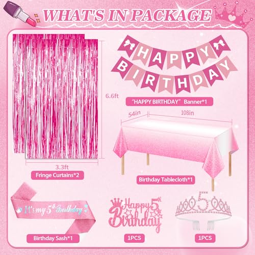 Fantspati 5th Birthday Decorations Girl Pink Party Decorations with Number 5 Balloon Happy Birthday Banner Bday Sash Crown Tablecloth Fringe Curtain Hanging Swirl for 5 Year Old Girl Bday Decor - Image 5