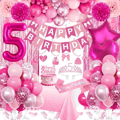 Fantspati 5th Birthday Decorations Girl Pink Party Decorations with Number 5 Balloon Happy Birthday Banner Bday Sash Crown Tablecloth Fringe Curtain Hanging Swirl for 5 Year Old Girl Bday Decor - Image 1