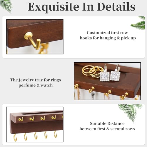 YYILIS Necklace Holder, Upgraded Extra Large Wall Necklace Organizer with 30 Hooks Wall Mounted Necklace Hanger with Jewelry Tray/Cosmetics Shelf Rustic Pine Wood Holder (Walnut) - Image 3