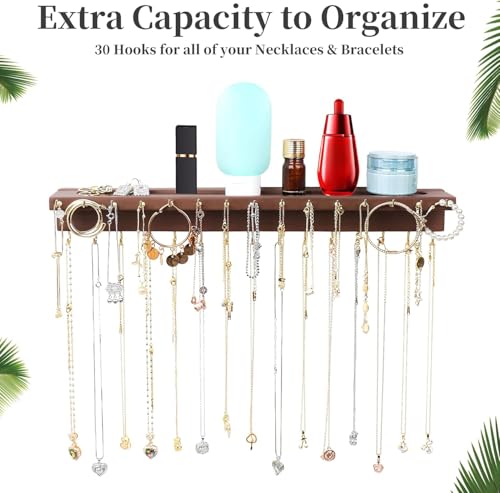 YYILIS Necklace Holder, Upgraded Extra Large Wall Necklace Organizer with 30 Hooks Wall Mounted Necklace Hanger with Jewelry Tray/Cosmetics Shelf Rustic Pine Wood Holder (Walnut) - Image 2