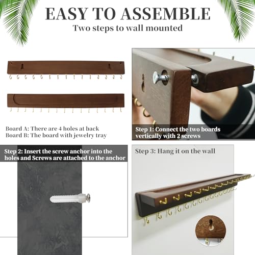 YYILIS Necklace Holder, Upgraded Extra Large Wall Necklace Organizer with 30 Hooks Wall Mounted Necklace Hanger with Jewelry Tray/Cosmetics Shelf Rustic Pine Wood Holder (Walnut) - Image 5