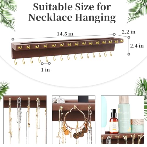 YYILIS Necklace Holder, Upgraded Extra Large Wall Necklace Organizer with 30 Hooks Wall Mounted Necklace Hanger with Jewelry Tray/Cosmetics Shelf Rustic Pine Wood Holder (Walnut) - Image 4