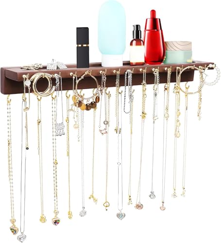 YYILIS Necklace Holder, Upgraded Extra Large Wall Necklace Organizer with 30 Hooks Wall Mounted Necklace Hanger with Jewelry Tray/Cosmetics Shelf Rustic Pine Wood Holder (Walnut) - Image 1