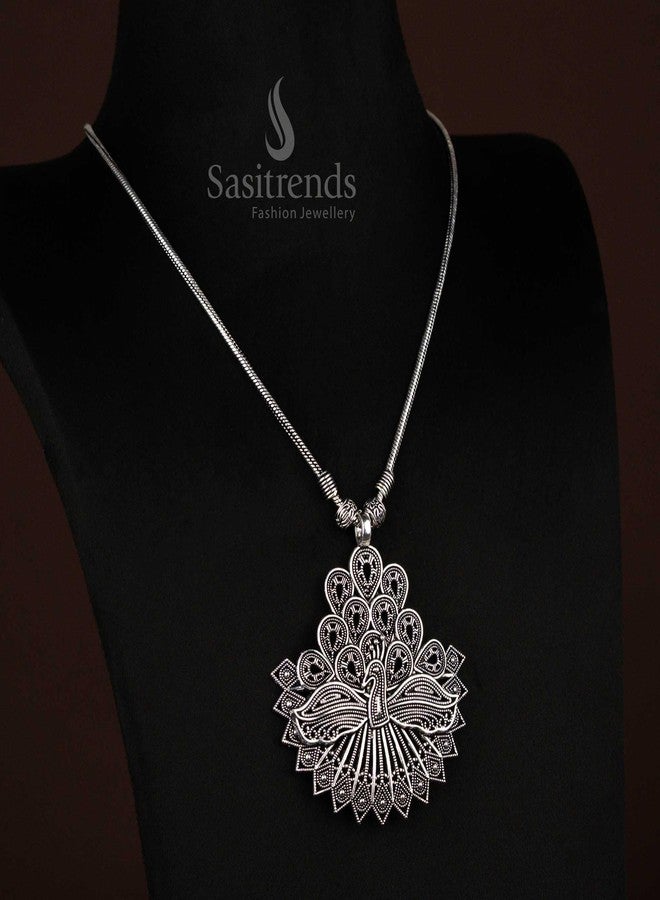 Sasitrends Oxidized German Silver Peacock Pendant Chain Necklace for Women and Girls - Image 2